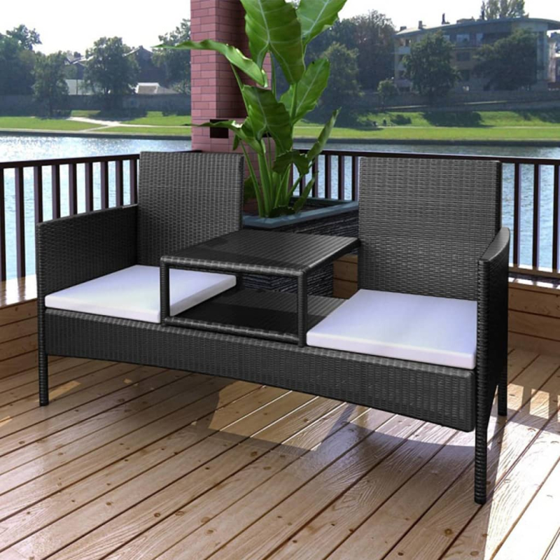 Gartensofa 2-Sitzer mit Teetisch Poly Rattan Schwarz