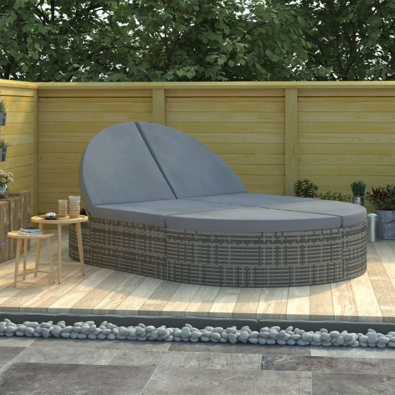 Doppel-Sonnenliege mit Kissen Poly Rattan Grau
