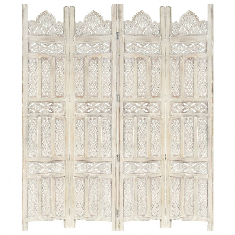 4tlg. Raumteiler Handgeschnitzt Weiß 160×165cm Mango Massivholz