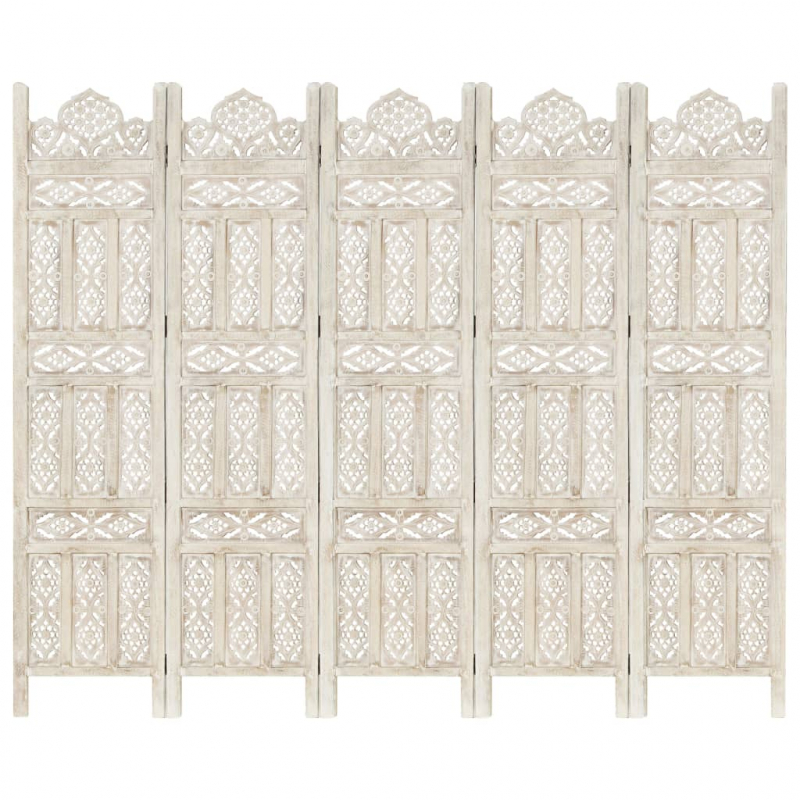 5tlg. Raumteiler Handgeschnitzt Weiß 200×165cm Mango Massivholz