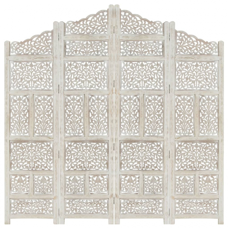 4tlg. Raumteiler Handgeschnitzt Weiß 160×165cm Mango Massivholz