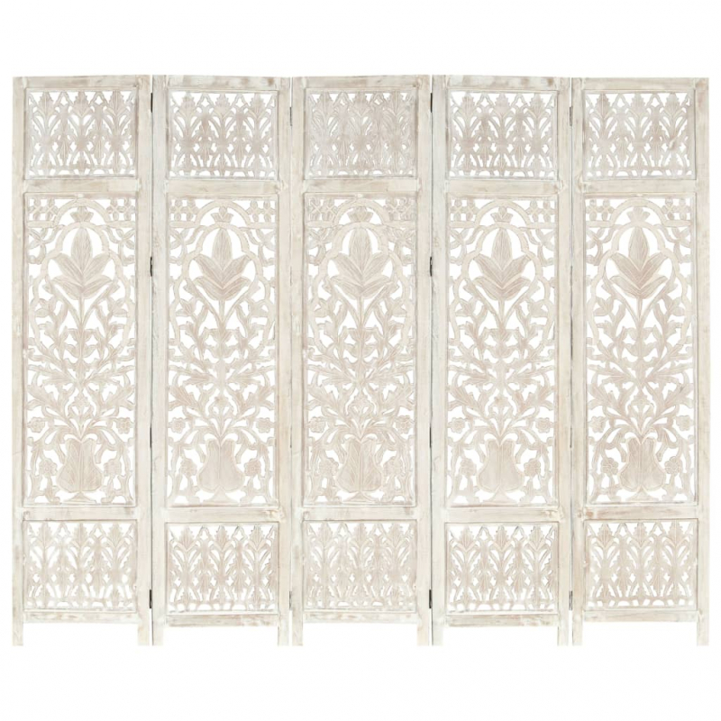 5tlg. Raumteiler Handgeschnitzt Weiß 200×165cm Mango Massivholz