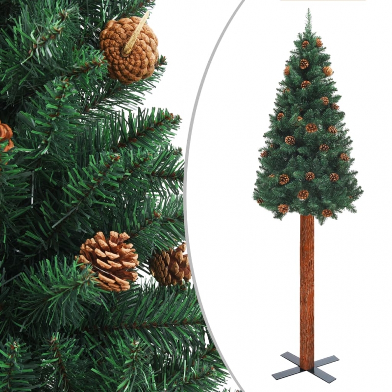Weihnachtsbaum Schlank mit Echtholz und Zapfen Grün 180 cm PVC