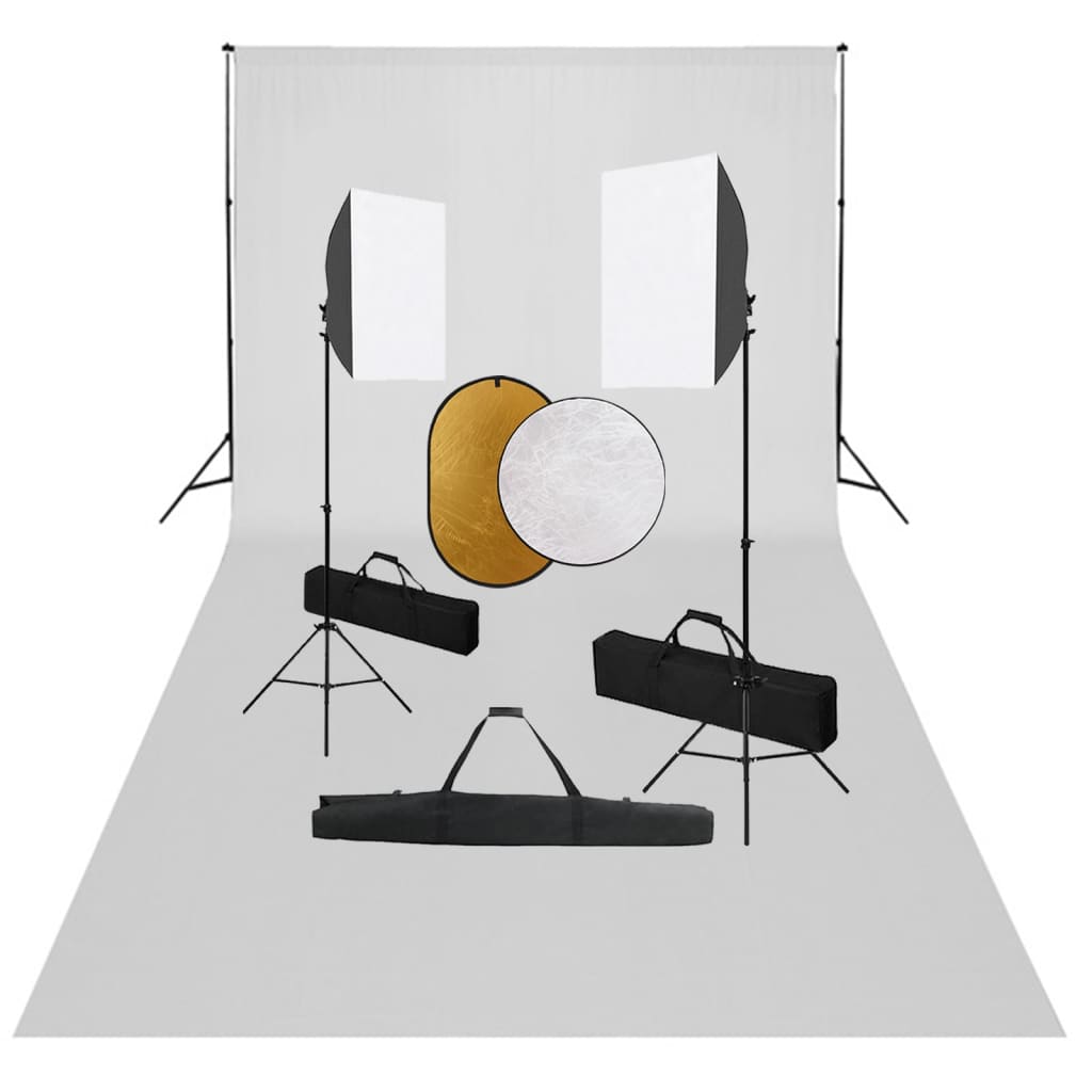 Fotostudio-Set mit Softboxen, Hintergrundsystem und Reflektor