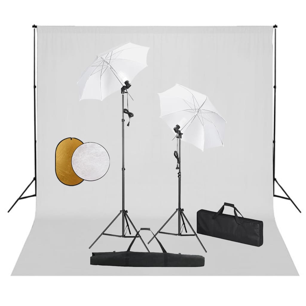 Fotostudio-Set mit Leuchten, Schirmen, Hintergrund, Reflektor
