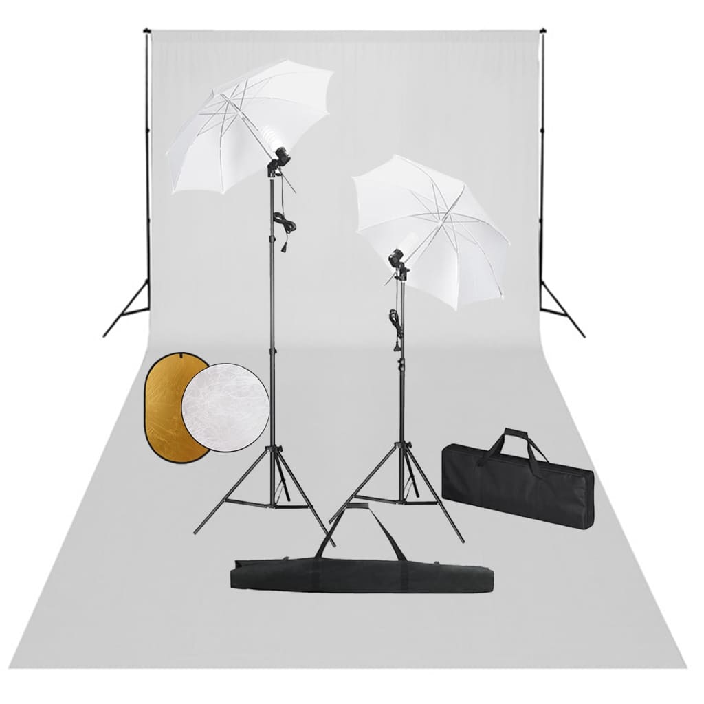 Fotostudio-Set mit Leuchten, Schirmen, Hintergrund, Reflektor