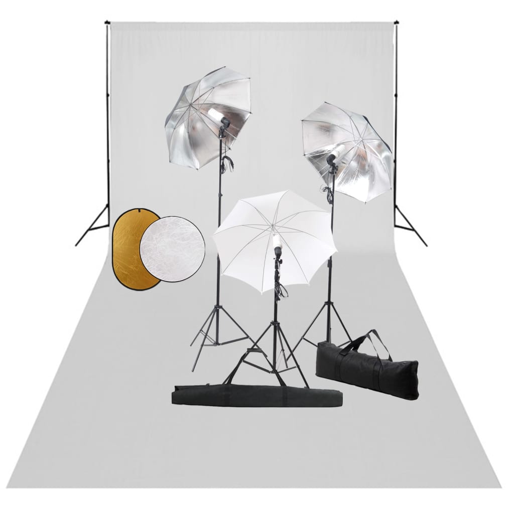 Fotostudio-Set mit Leuchten, Schirmen, Hintergrund, Reflektor