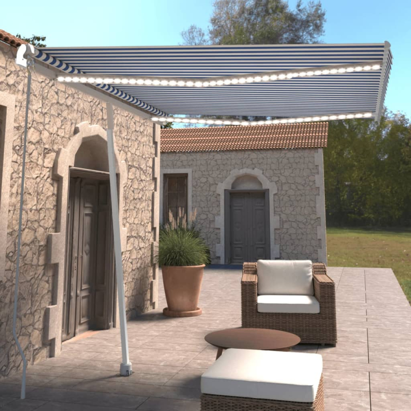 Markise Manuell Einziehbar mit LED 300x250 cm Blau Weiß