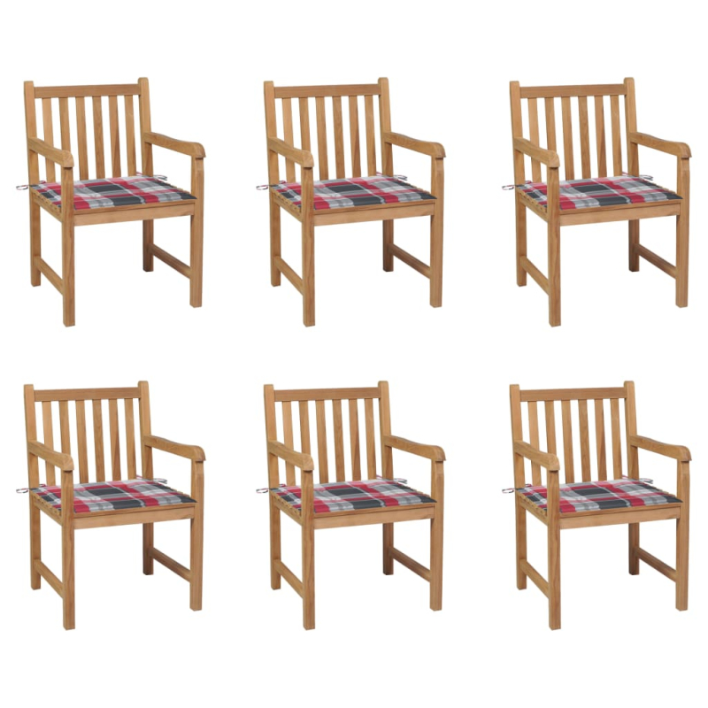 Gartenstühle 6 Stk. Rote Karomuster-Kissen Massivholz Teak