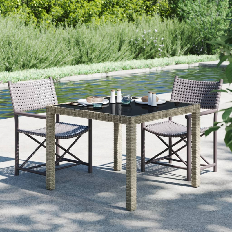 Gartentisch 90x90x75 cm Gehärtetes Glas Poly Rattan Grau