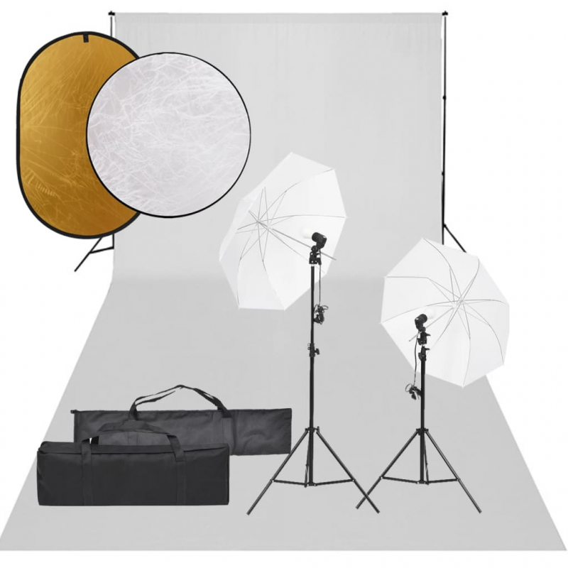 Fotostudio-Set mit Beleuchtung, Hintergrund und Reflektor