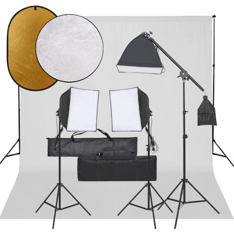 Fotostudio-Set mit Beleuchtung, Hintergrund und Reflektor