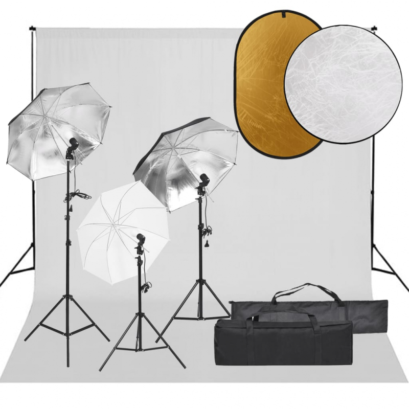 Fotostudio-Set mit Beleuchtung, Hintergrund und Reflektor