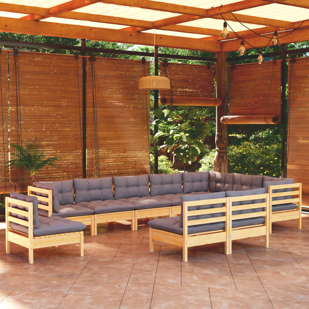 10-tlg. Garten-Lounge-Set mit Grauen Kissen Kiefer Massivholz