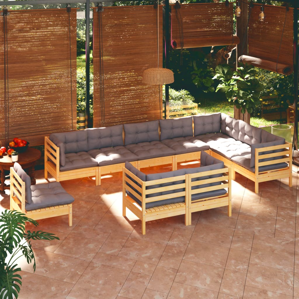 10-tlg. Garten-Lounge-Set mit Grauen Kissen Kiefer Massivholz