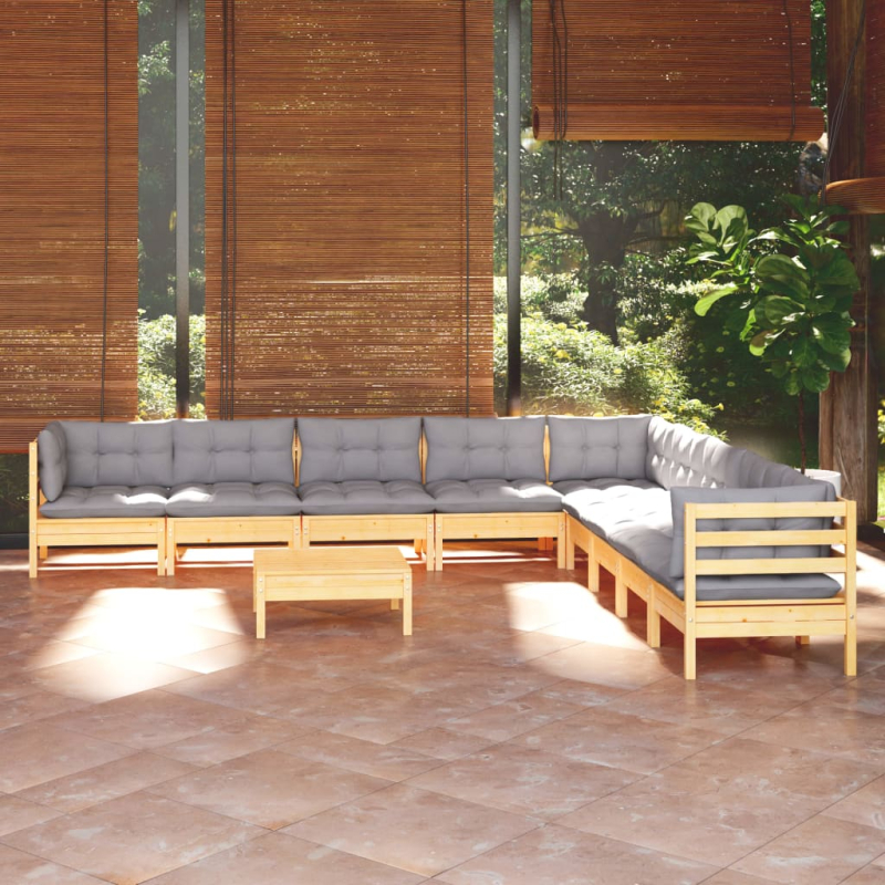 10-tlg. Garten-Lounge-Set mit Grauen Kissen Kiefer Massivholz