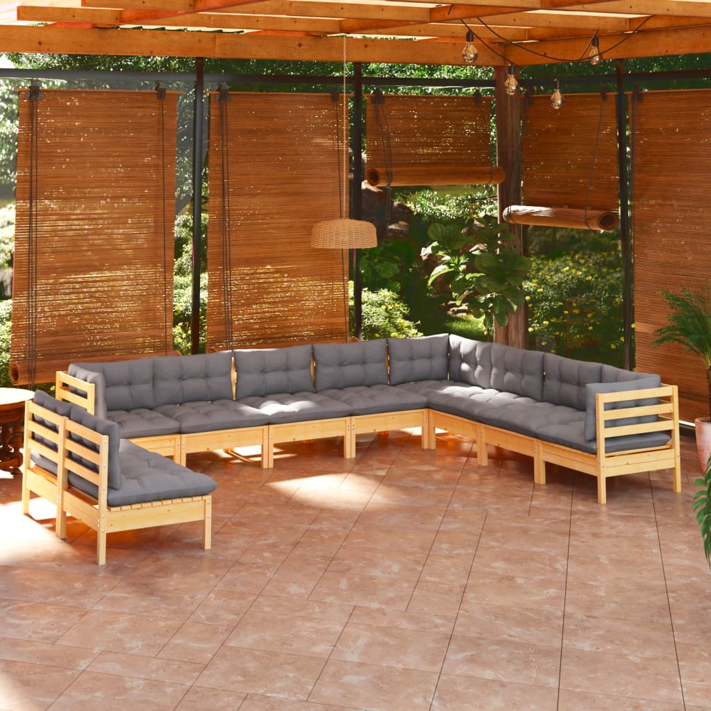 10-tlg. Garten-Lounge-Set mit Grauen Kissen Massivholz Kiefer