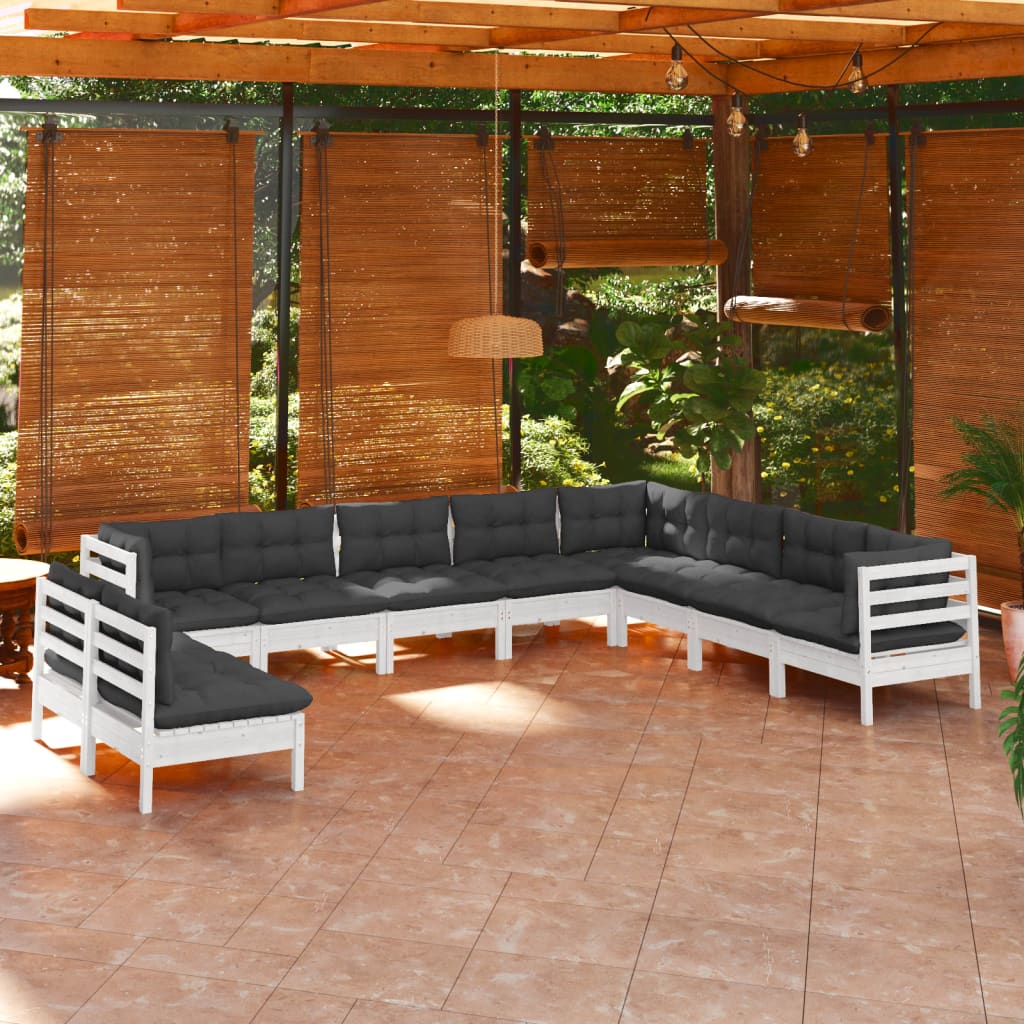 10-tlg. Garten-Lounge-Set mit Kissen Weiß Massivholz Kiefer