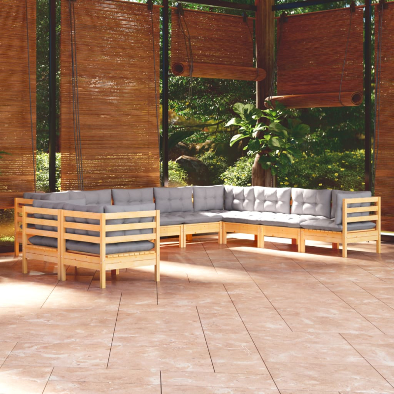 10-tlg. Garten-Lounge-Set mit Grauen Kissen Massivholz Kiefer