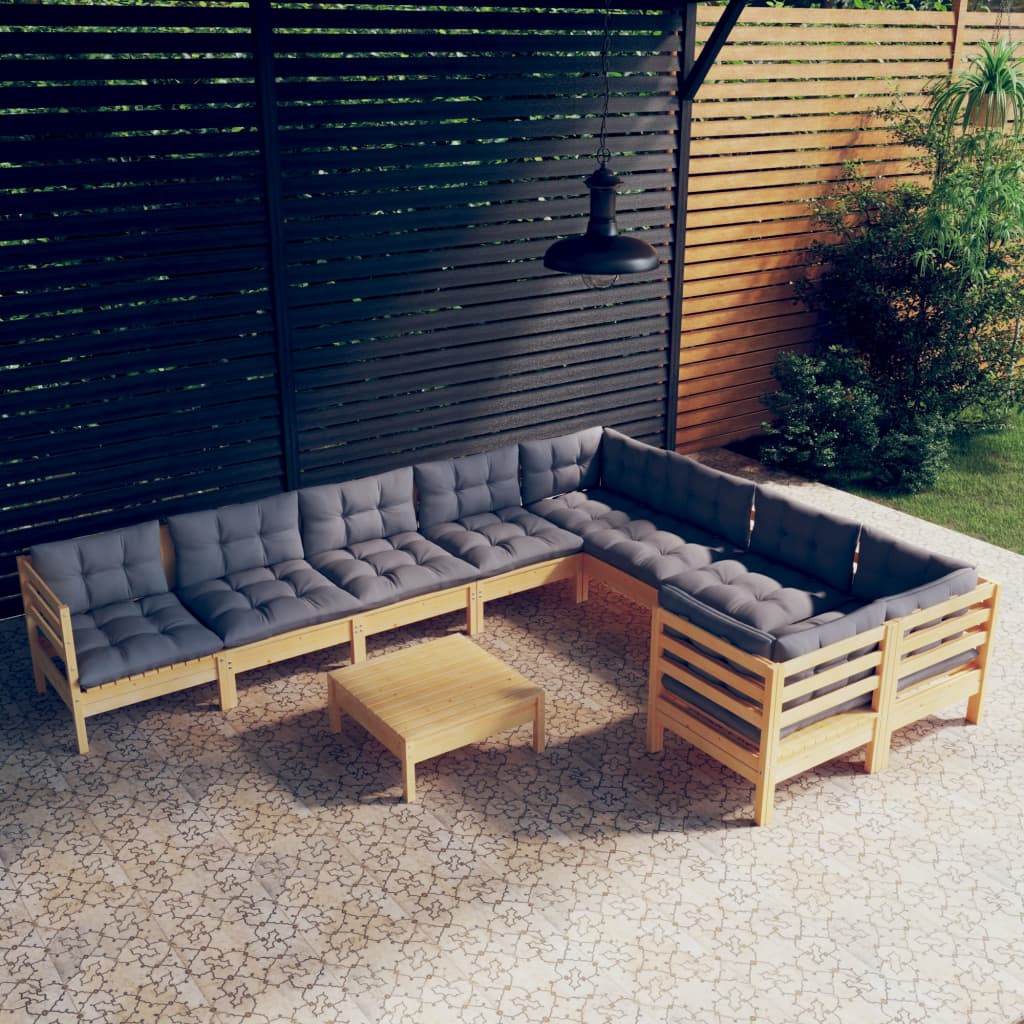 10-tlg. Garten-Lounge-Set mit Grauen Kissen Kiefernholz