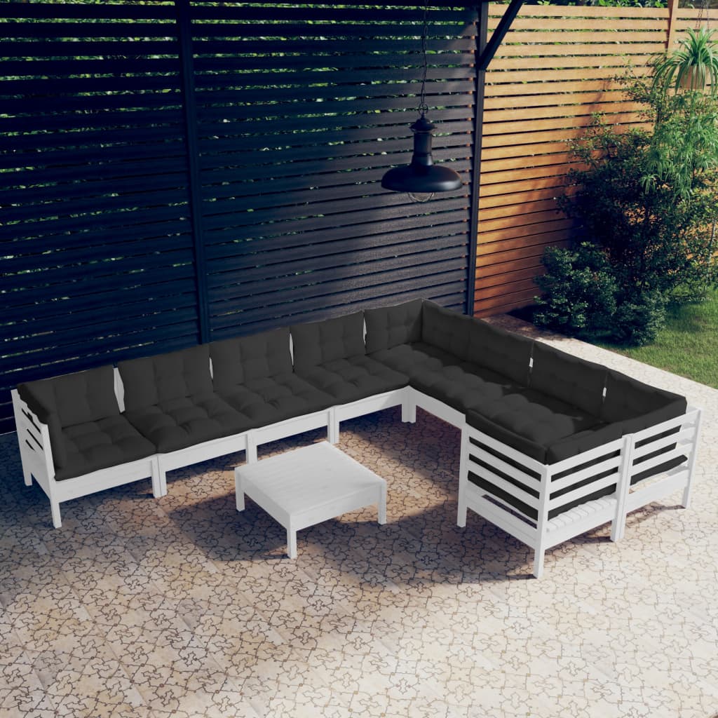 10-tlg. Garten-Lounge-Set mit Kissen Weiß Kiefernholz