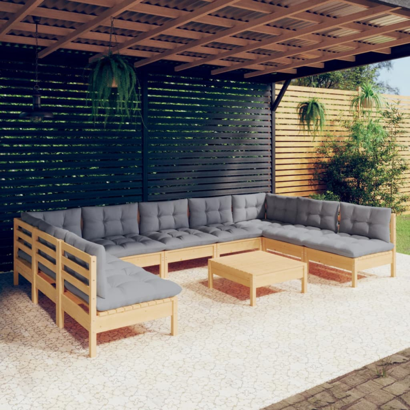 10-tlg. Garten-Lounge-Set mit Grauen Kissen Kiefer Massivholz