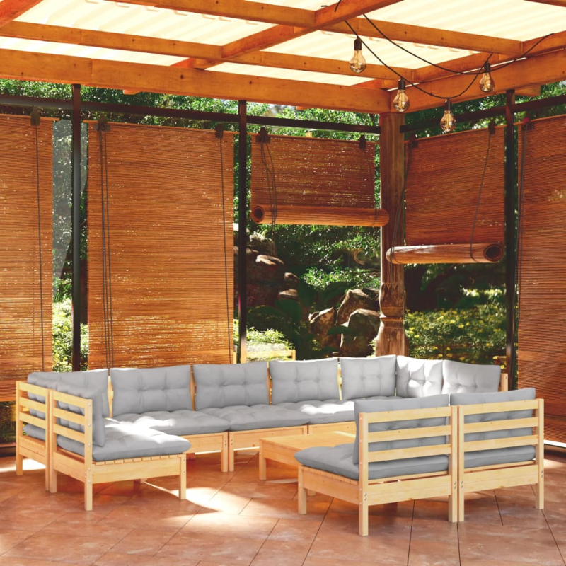 10-tlg. Garten-Lounge-Set mit Grauen Kissen Kiefer Massivholz