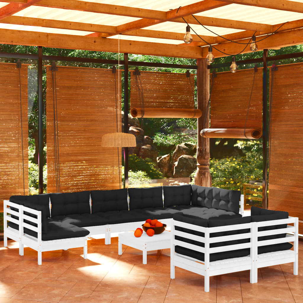 10-tlg. Garten-Lounge-Set mit Kissen Weiß Kiefer Massivholz