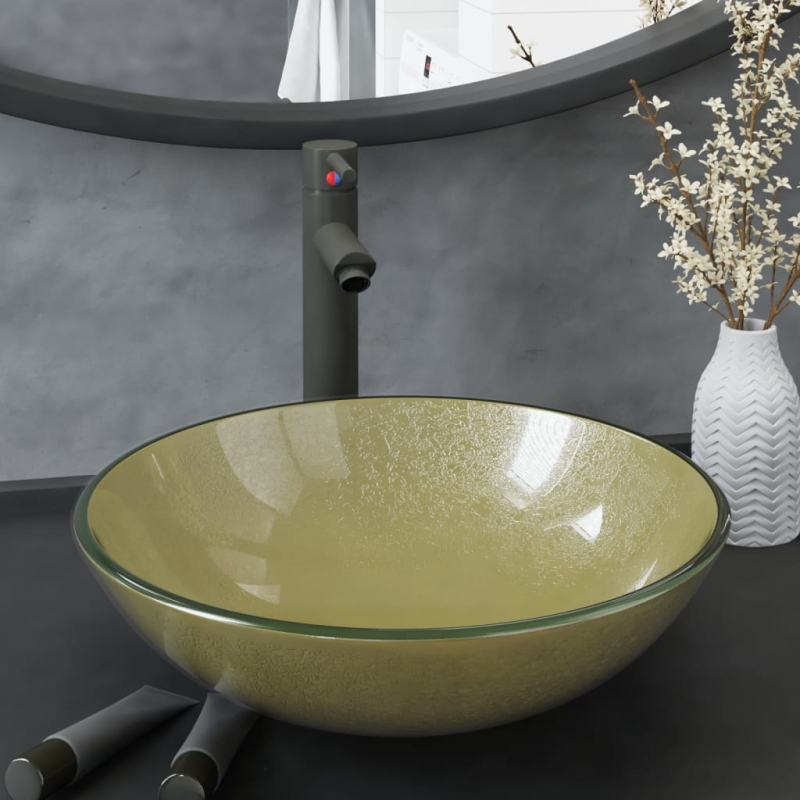 Badezimmer Waschbecken mit Wasserhahn und Ablaufgarnitur Gold