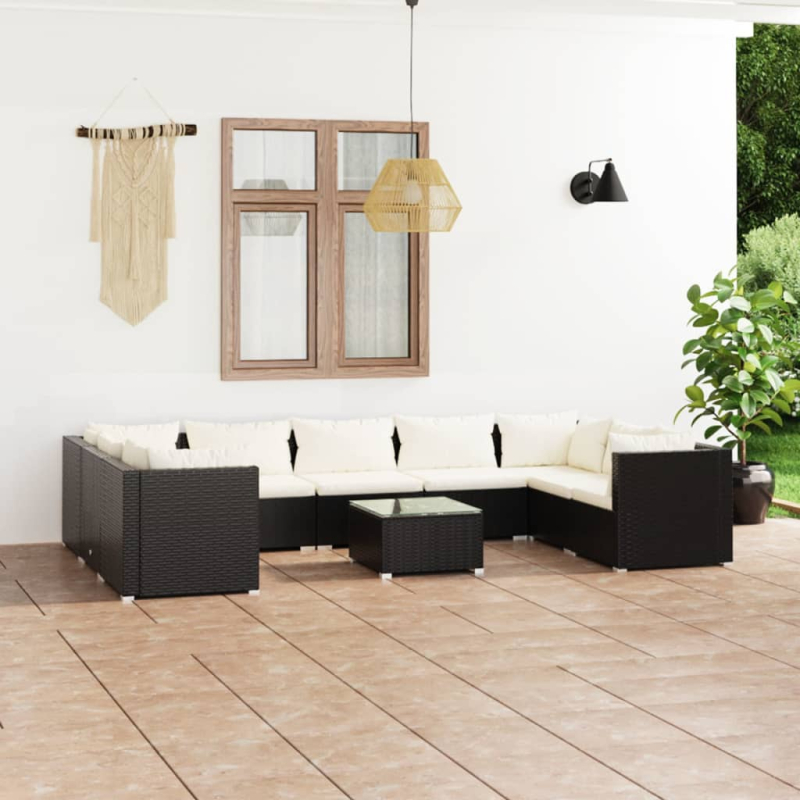 10-tlg. Garten-Lounge-Set mit Kissen Poly Rattan Schwarz