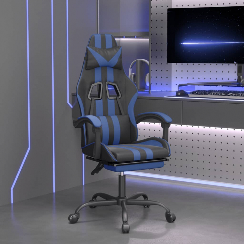 Gaming-Stuhl mit Fußstütze Drehbar Schwarz & Blau Kunstleder