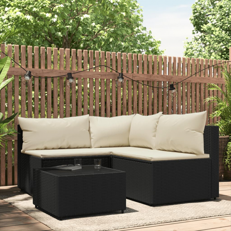 4-tlg. Garten-Lounge-Set mit Kissen Schwarz Poly Rattan