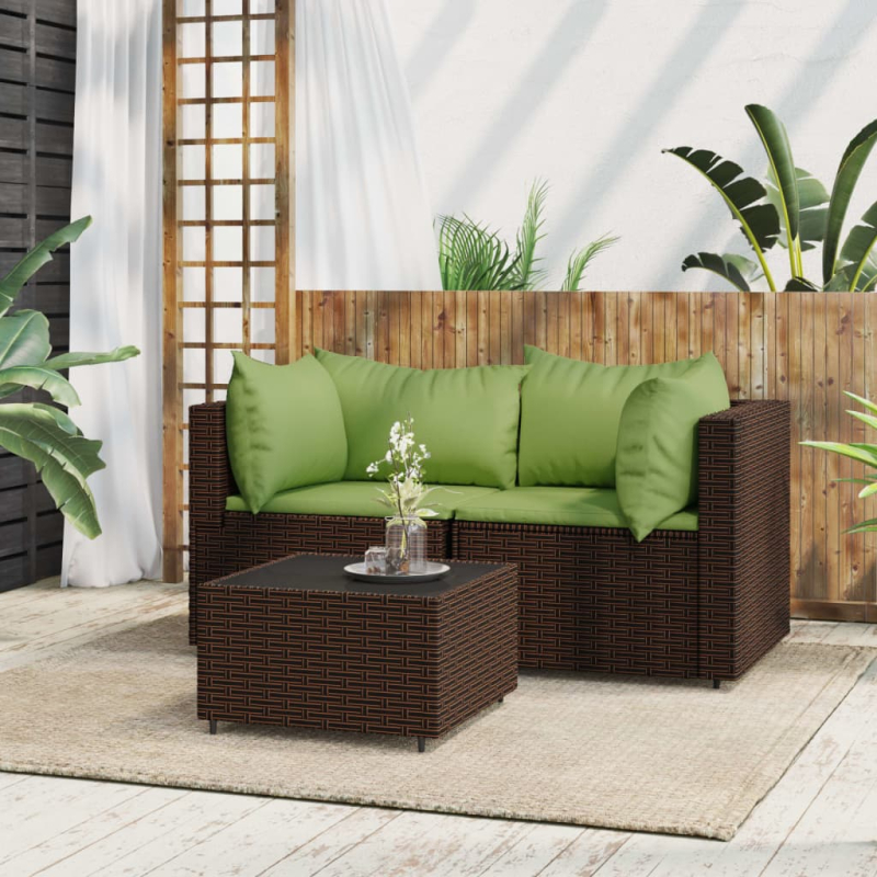 3-tlg. Garten-Lounge-Set mit Kissen Braun Poly Rattan