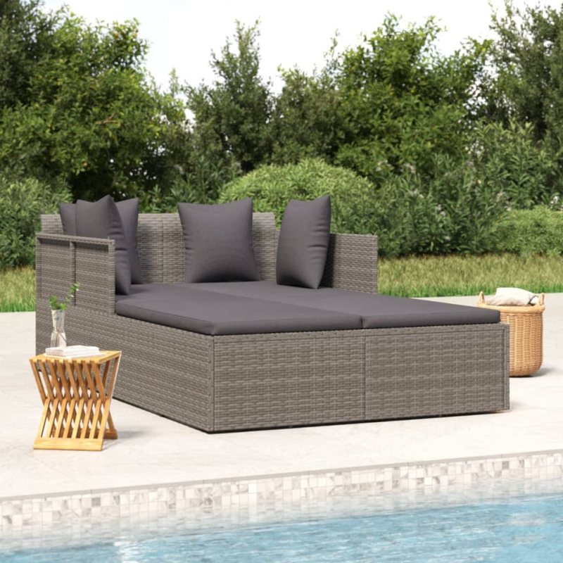 Sonnenliege mit Kissen Grau 182x118x63 cm Poly Rattan