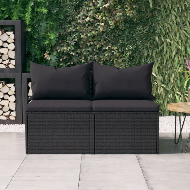 Garten-Mittelsofas mit Kissen 2 Stk. Schwarz Poly Rattan