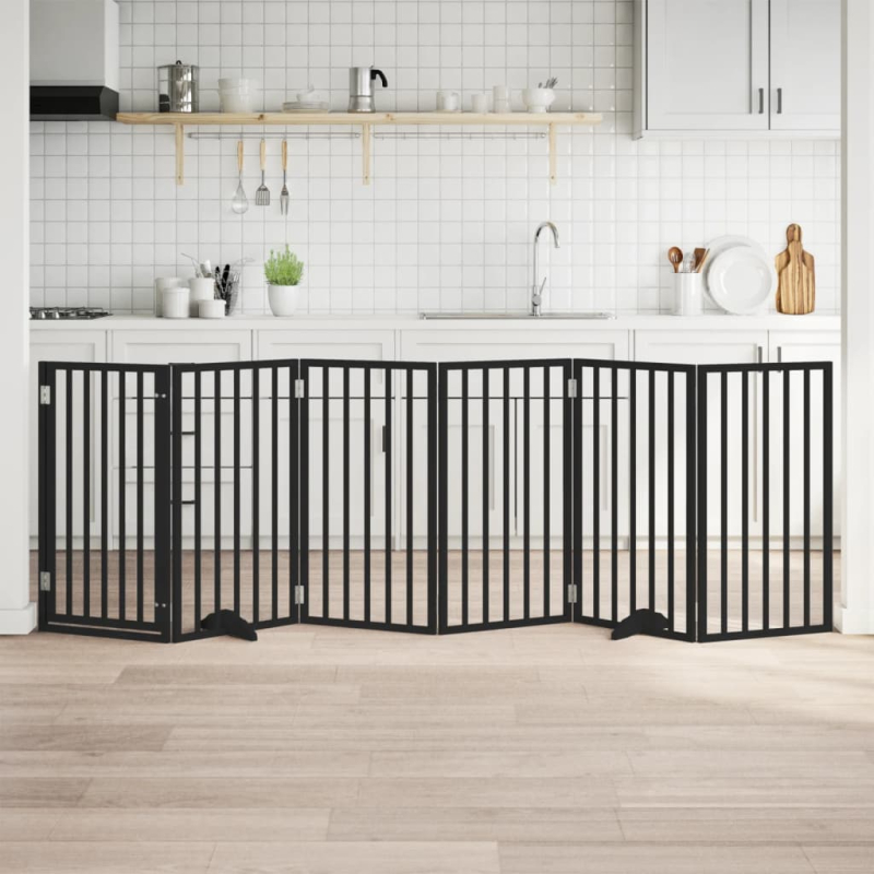 6-tlg. Hundetor mit Tür Faltbar Schwarz 300 cm Pappelholz