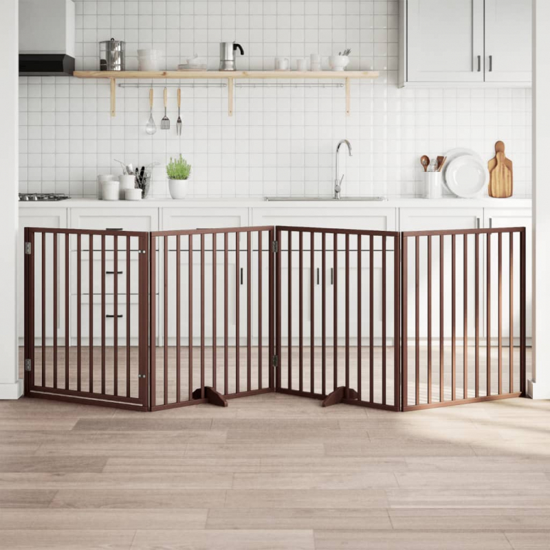 4-tlg. Hundetor mit Tür Faltbar Braun 320 cm Pappelholz