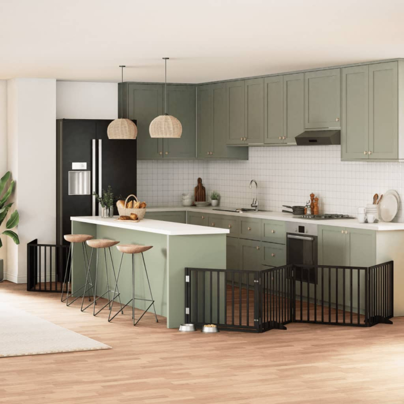 8-tlg. Hundetor mit Tür Faltbar Schwarz 640 cm Pappelholz