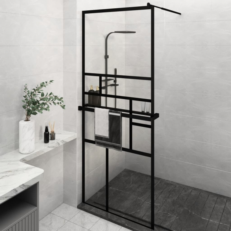 Duschwand mit Ablage für Walk-In-Dusche Schwarz 80x195 cm ESG
