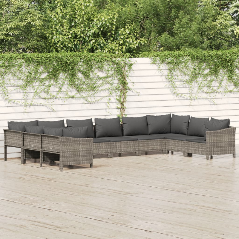 10-tlg. Garten-Lounge-Set mit Kissen Grau Poly Rattan