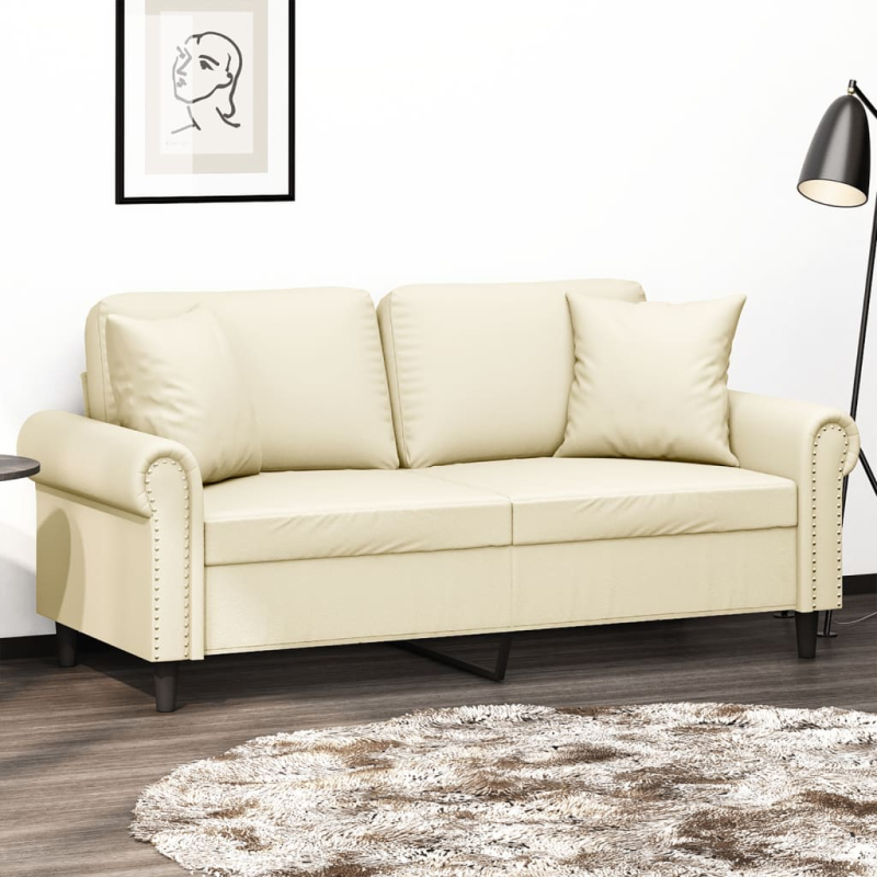 2-Sitzer-Sofa mit Zierkissen Creme 140 cm Kunstleder
