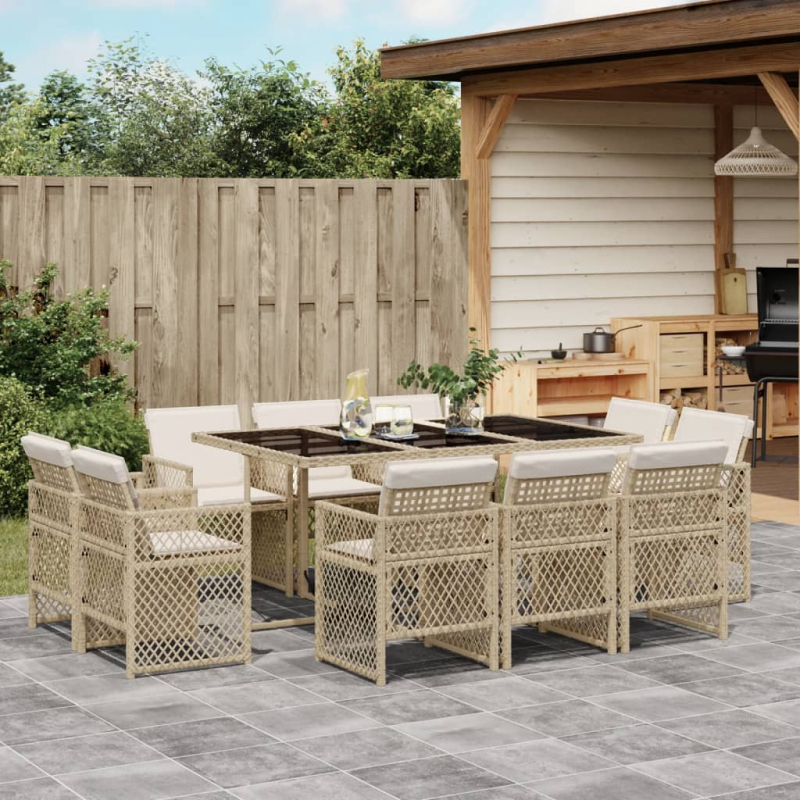 11-tlg. Garten-Essgruppe mit Kissen Beige Poly Rattan
