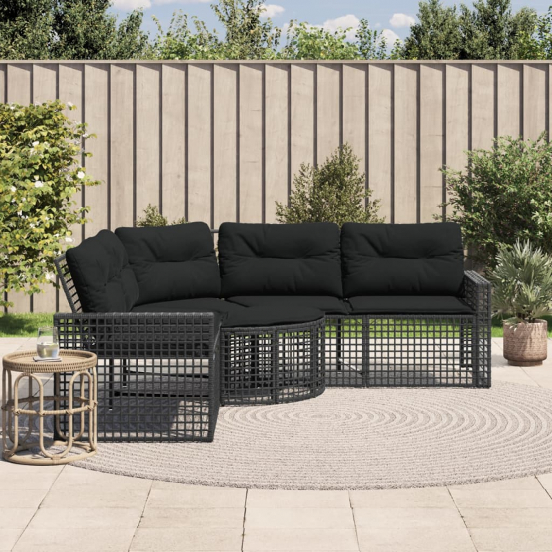 Gartensofa in L-Form mit Kissen und Fußbank Schwarz Poly Rattan