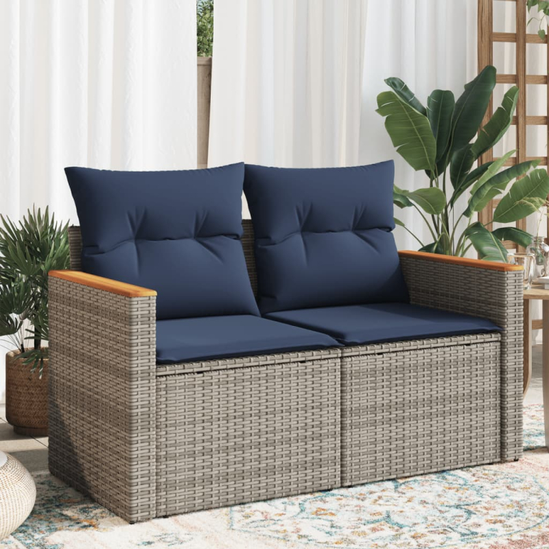 Gartensofa 2-Sitzer mit Kissen Grau Poly Rattan