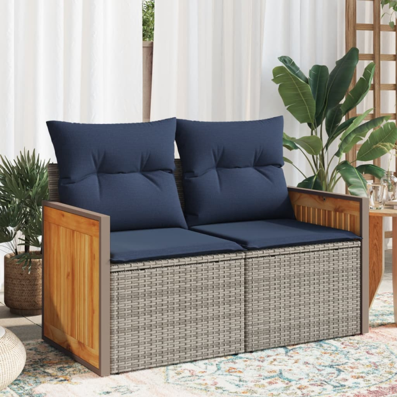 Gartensofa 2-Sitzer mit Kissen Grau Poly Rattan