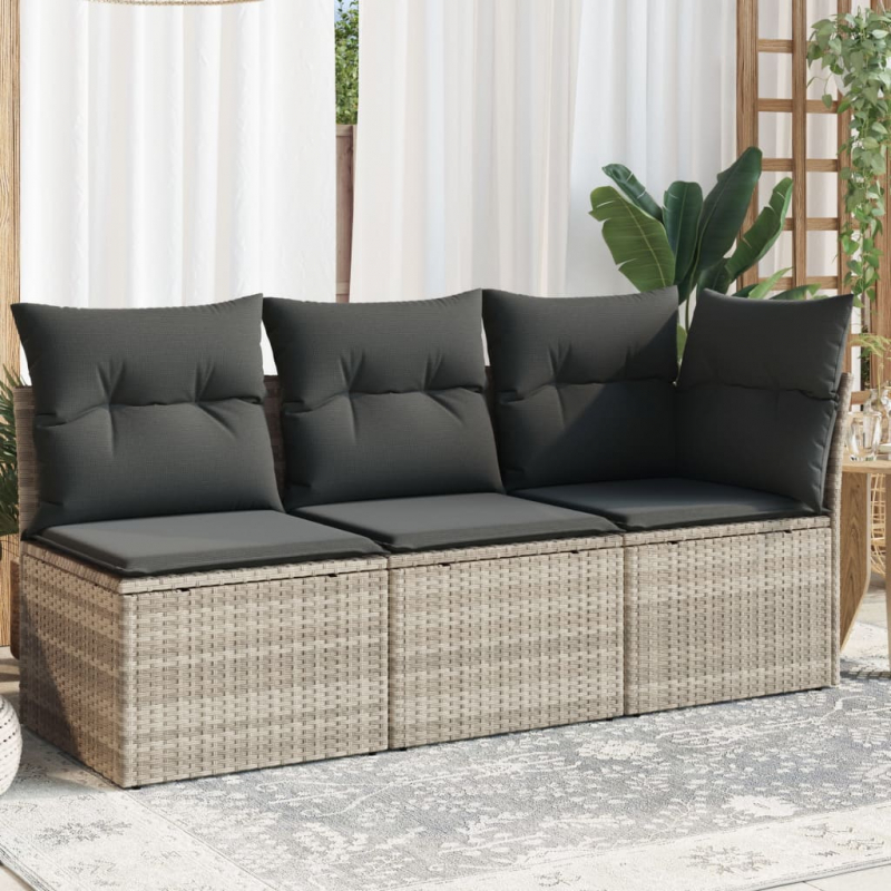 Gartensofa mit Kissen 3-Sitzer Hellgrau Poly Rattan