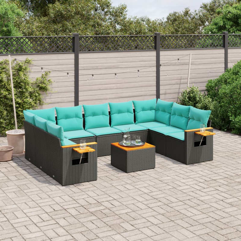 10-tlg. Garten-Sofagarnitur mit Kissen Schwarz Poly Rattan