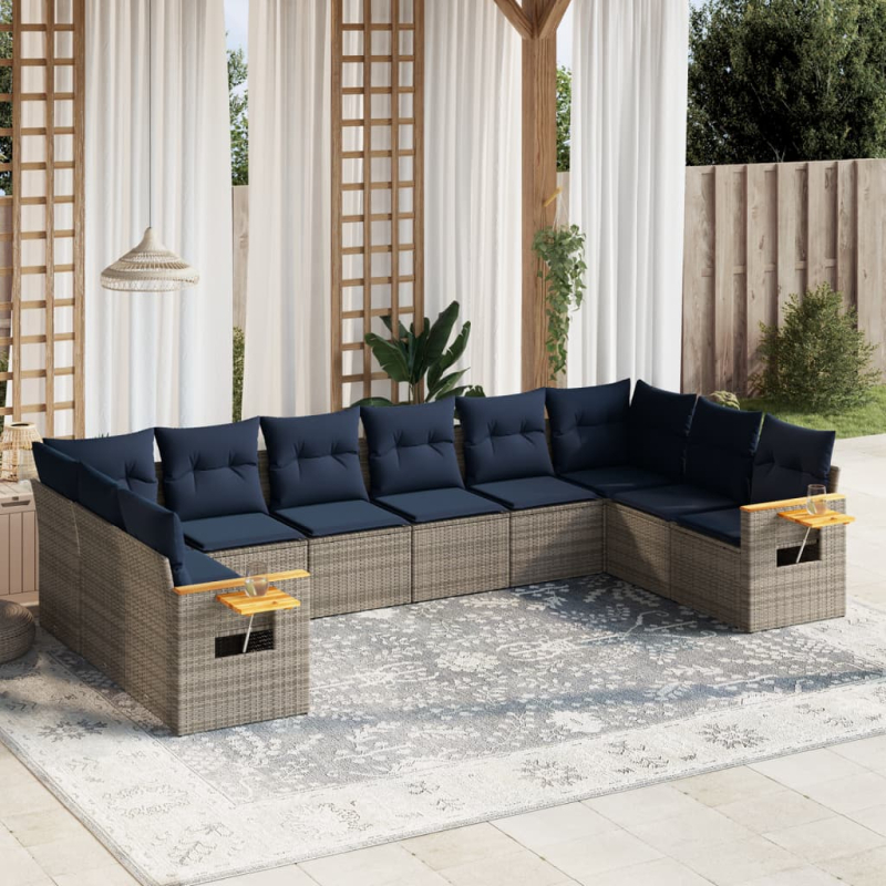 10-tlg. Garten-Sofagarnitur mit Kissen Grau Poly Rattan