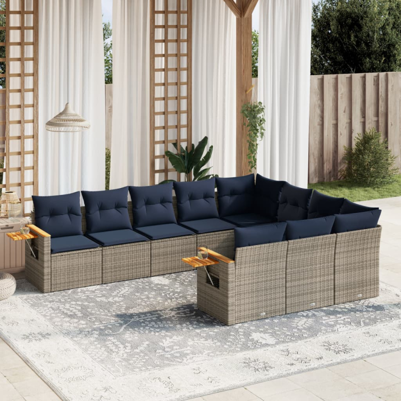 10-tlg. Garten-Sofagarnitur mit Kissen Grau Poly Rattan