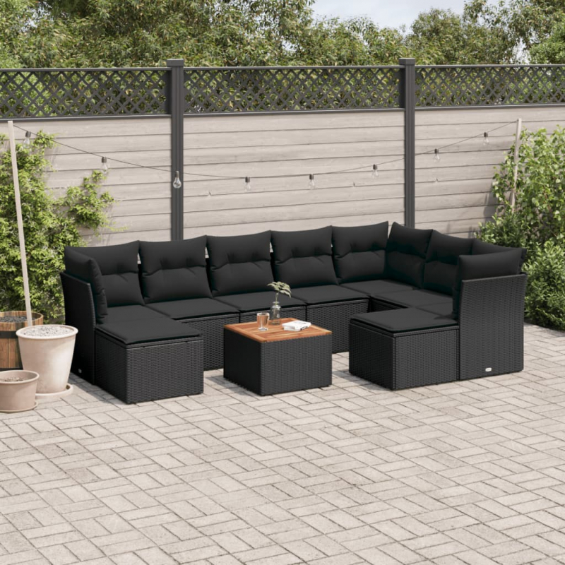 10-tlg. Garten-Sofagarnitur mit Kissen Schwarz Poly Rattan